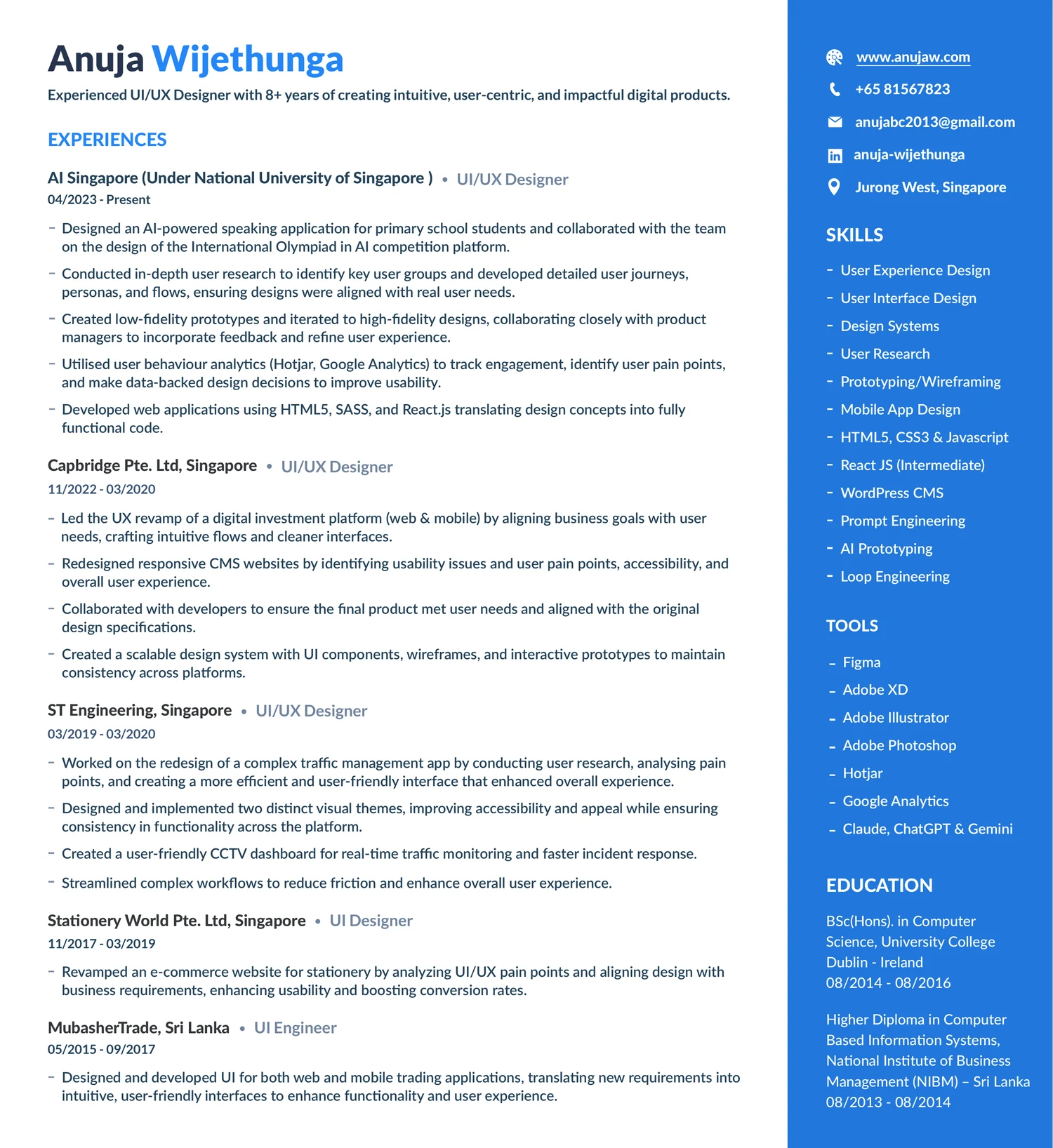 Anuja Wijethunga&rsquo;s one-page CV