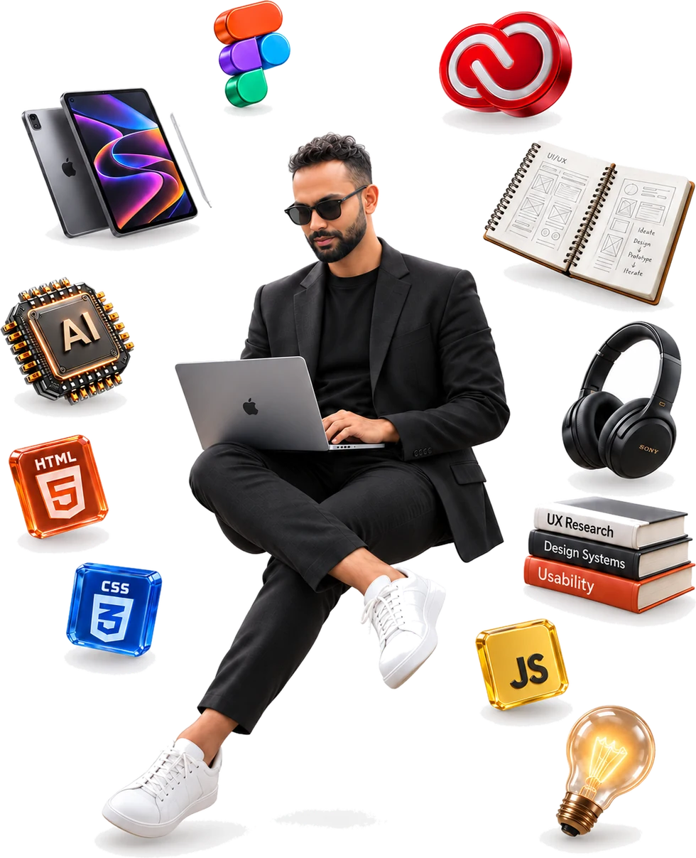 Anuja sitting cross-legged with a laptop, surrounded by the tools of the trade: Figma, Adobe Creative Cloud, an iPad and stylus, an AI chip, HTML, CSS and JavaScript badges, a wireframing notebook, headphones, UX books and a lightbulb.