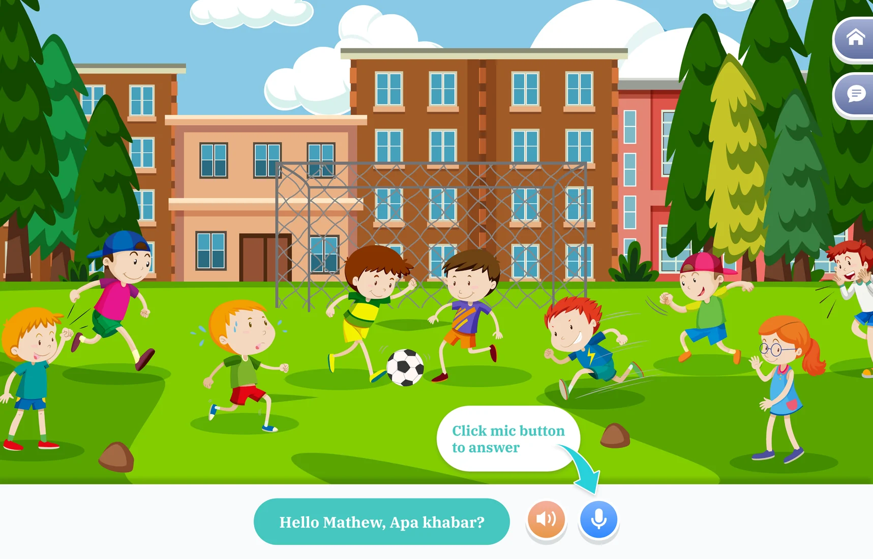 Conversation screen: a playground scene with the AI prompt 