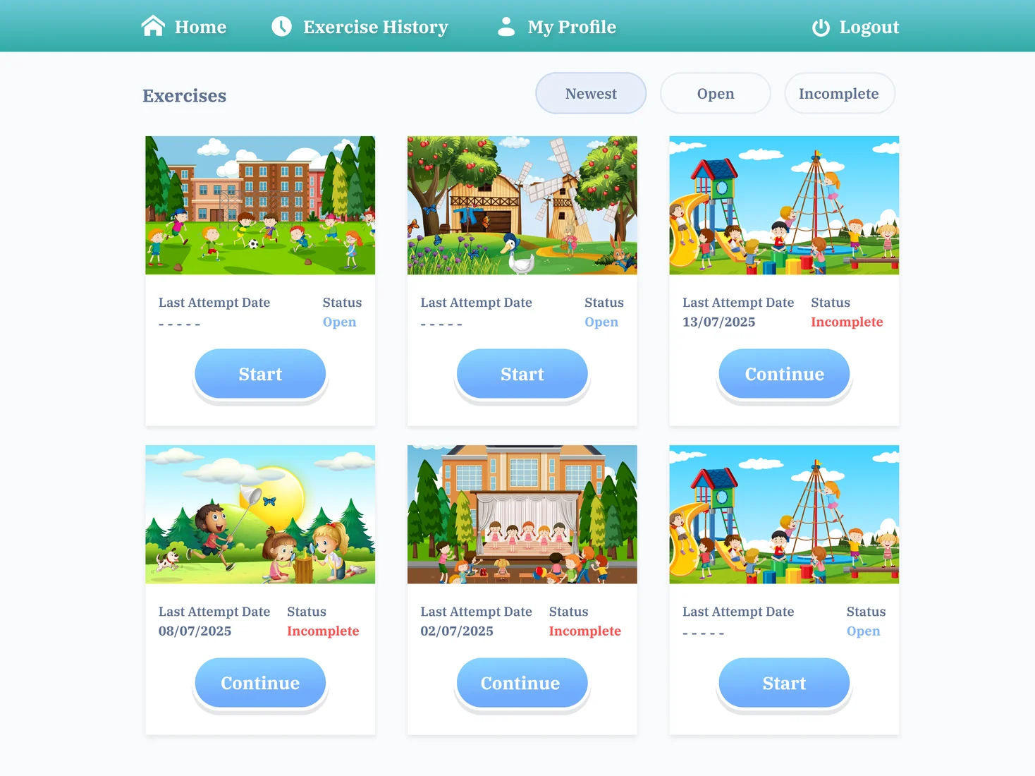 Exercises home: picture cards with last attempt date, Open or Incomplete status and Start or Continue buttons.