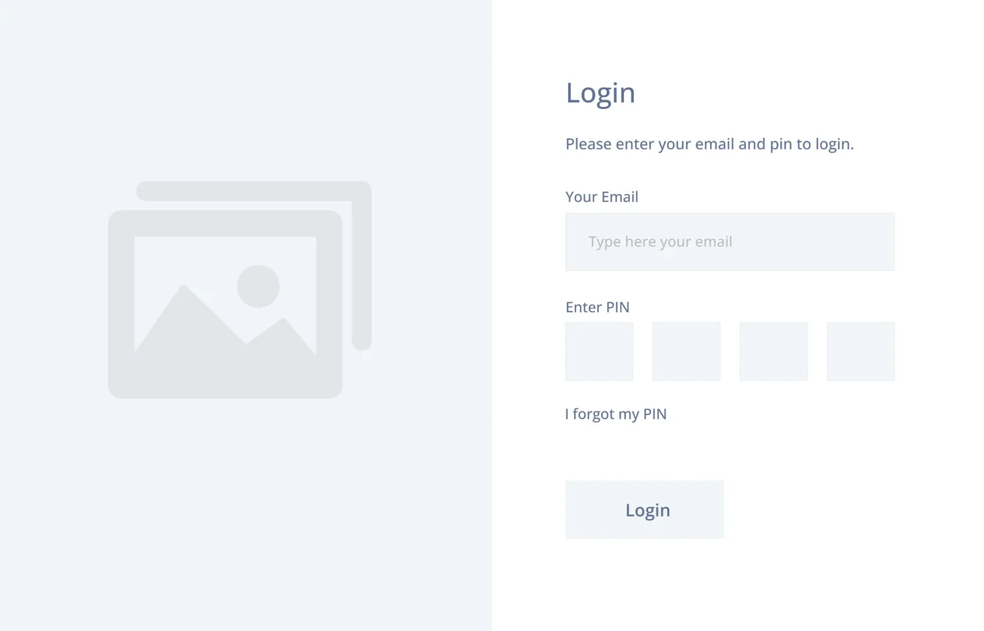 Low-fidelity wireframe 01: Login with email and a four-digit PIN