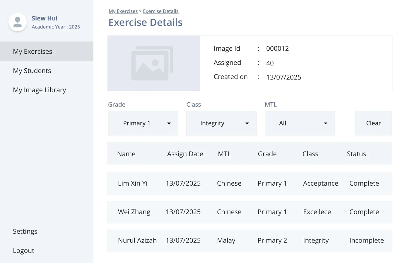 Low-fidelity wireframe 03: Exercise details with student progress