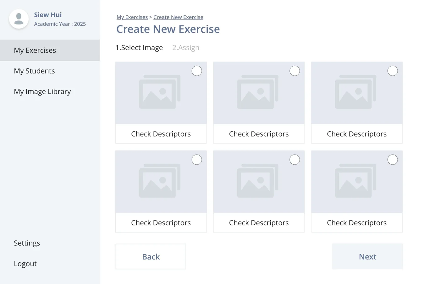Low-fidelity wireframe 04: Create new exercise: select an image