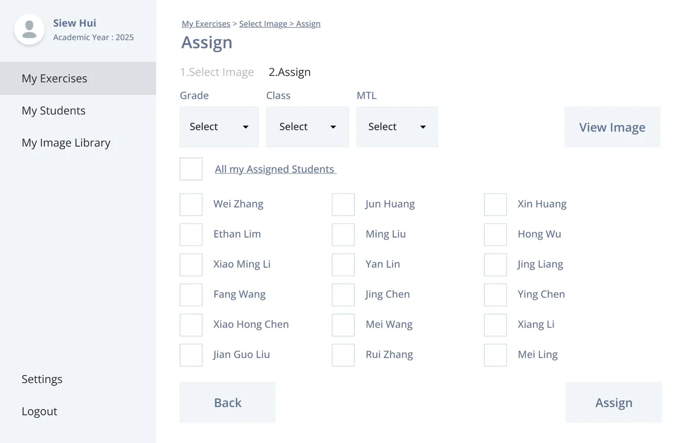 Low-fidelity wireframe 08: Create new exercise: assign to students