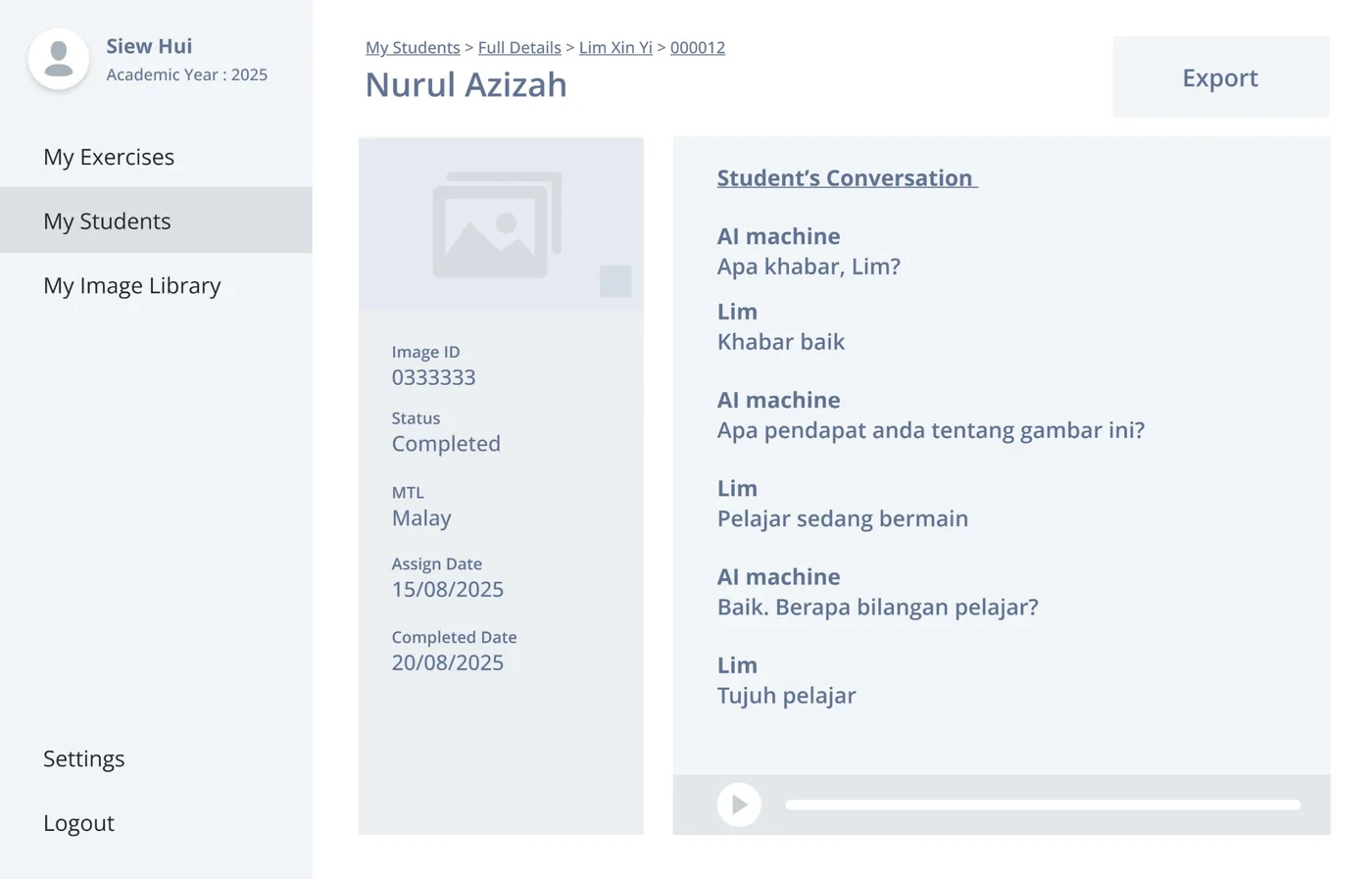 Low-fidelity wireframe 09: Reviewing a student's conversation