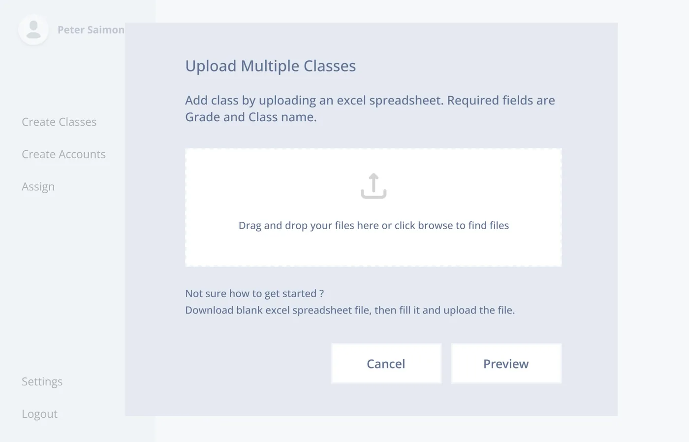 Low-fidelity wireframe 04: Upload multiple classes from a spreadsheet