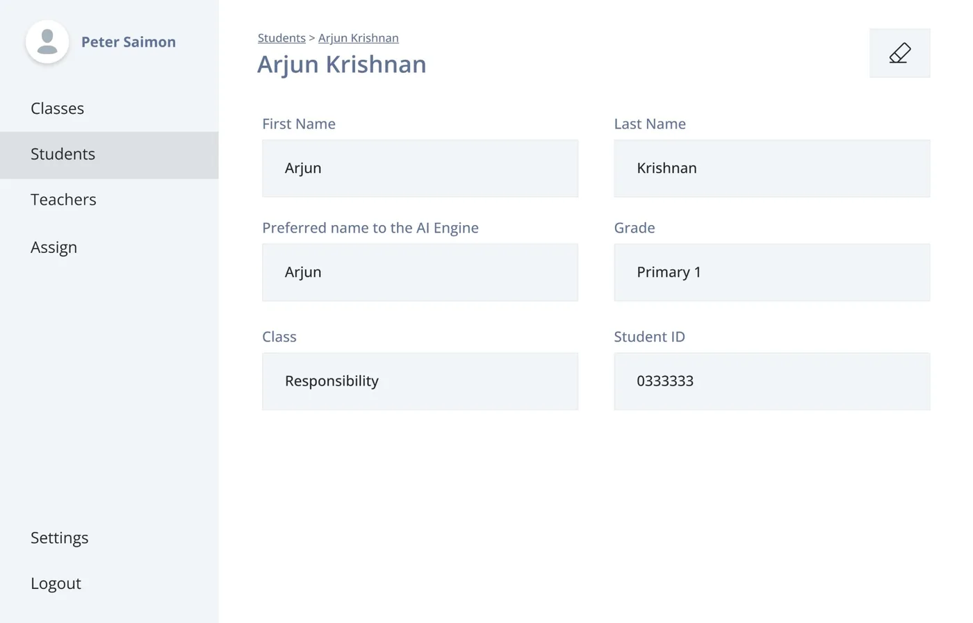 Low-fidelity wireframe 06: A student profile, including the name the AI engine uses