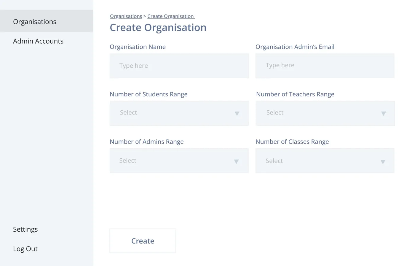 Low-fidelity wireframe 03: Create an organisation