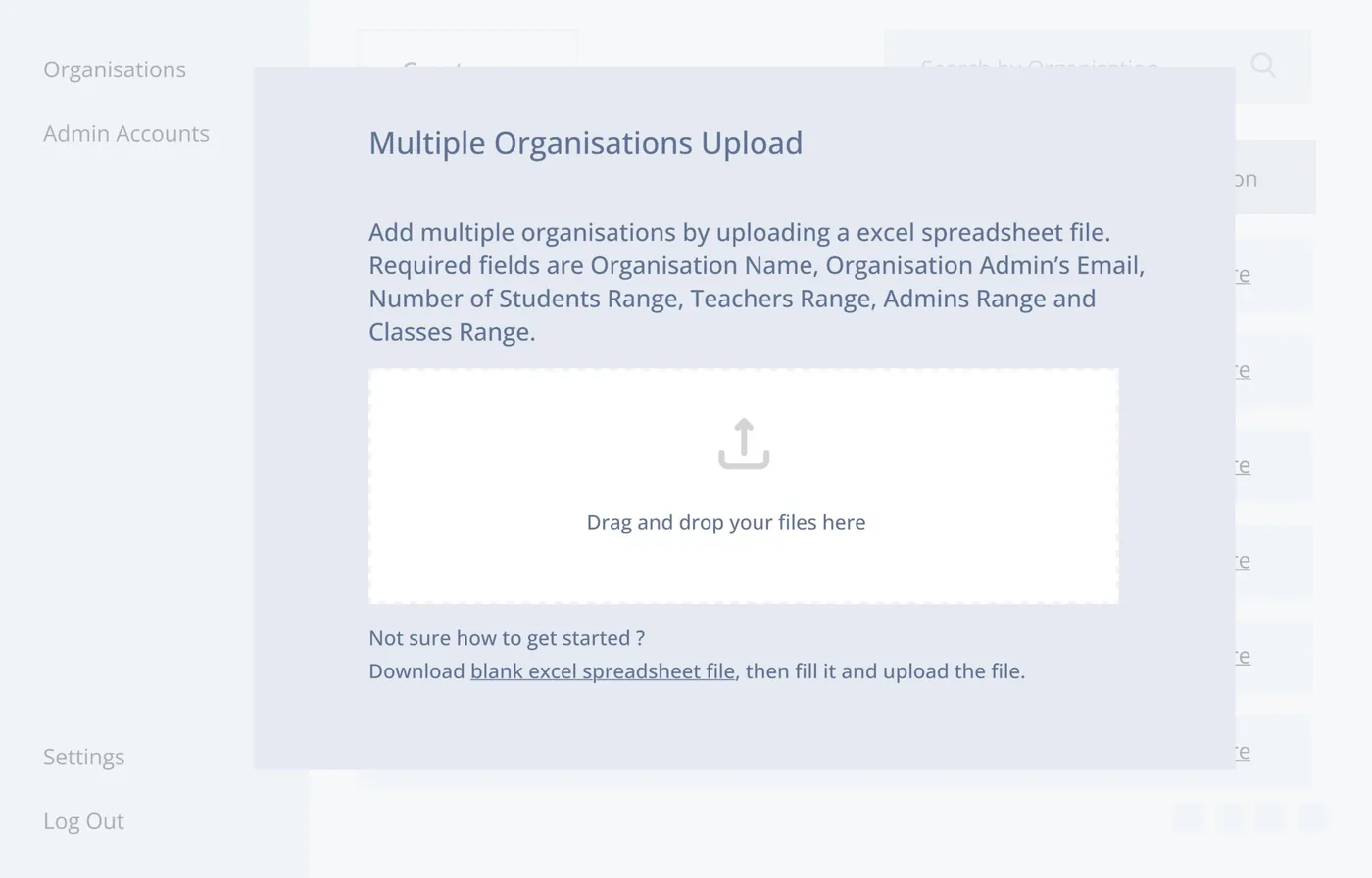 Low-fidelity wireframe 04: Upload multiple organisations from a spreadsheet
