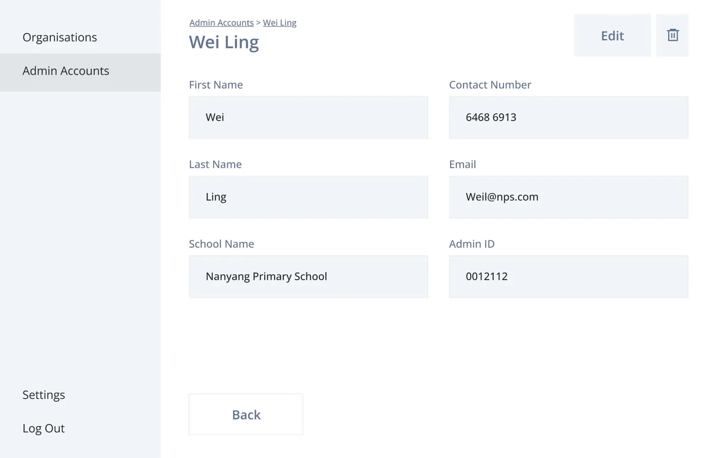 Low-fidelity wireframe 08: An admin account's details