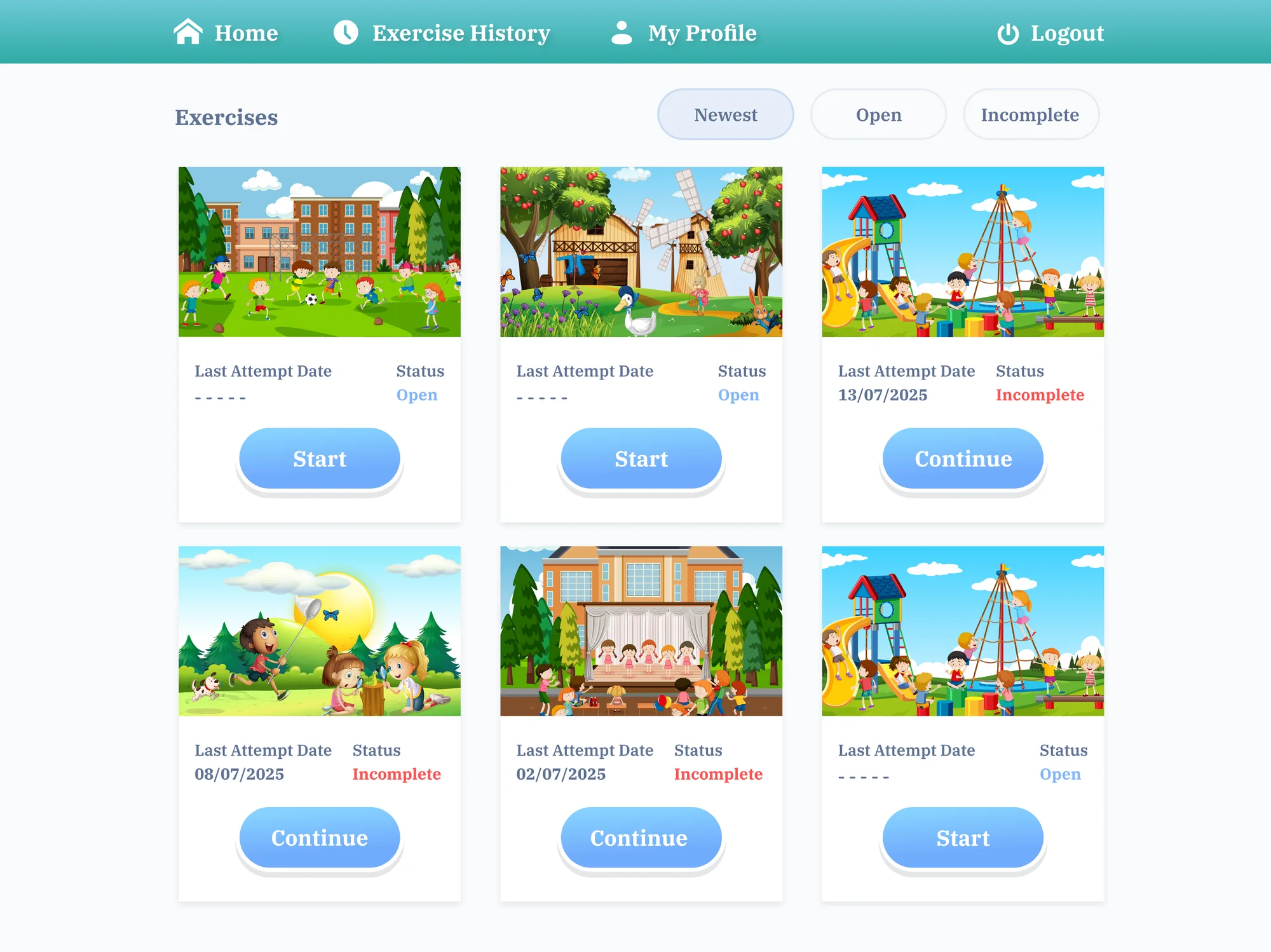 High-fidelity screen 01: Home: new exercises, each with its picture, status and one clear action