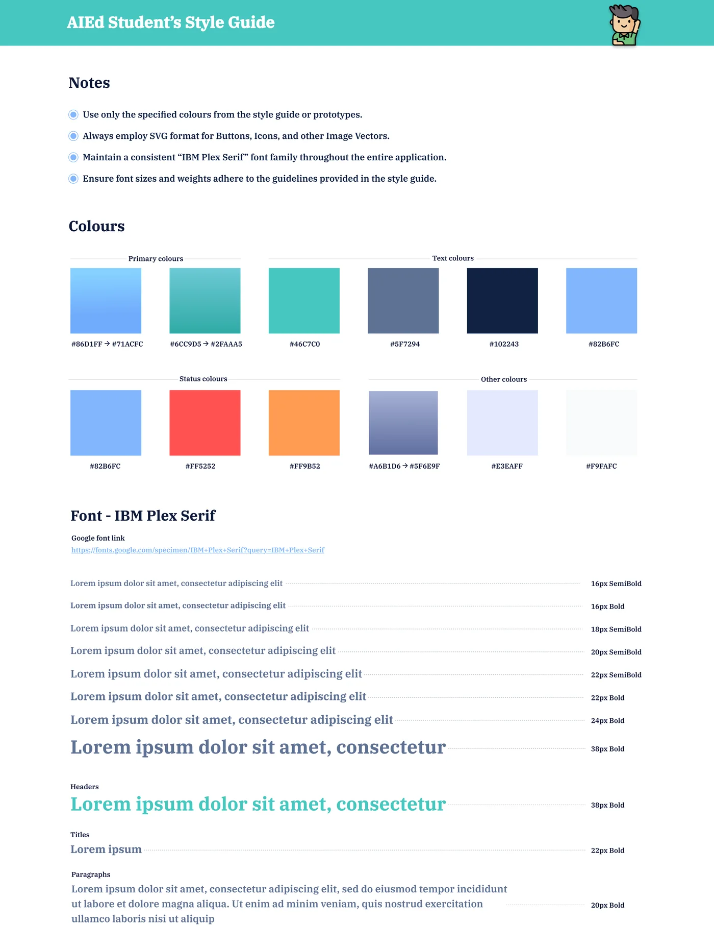 High-fidelity screen 04: The student style guide: colours, IBM Plex Serif and the type scale