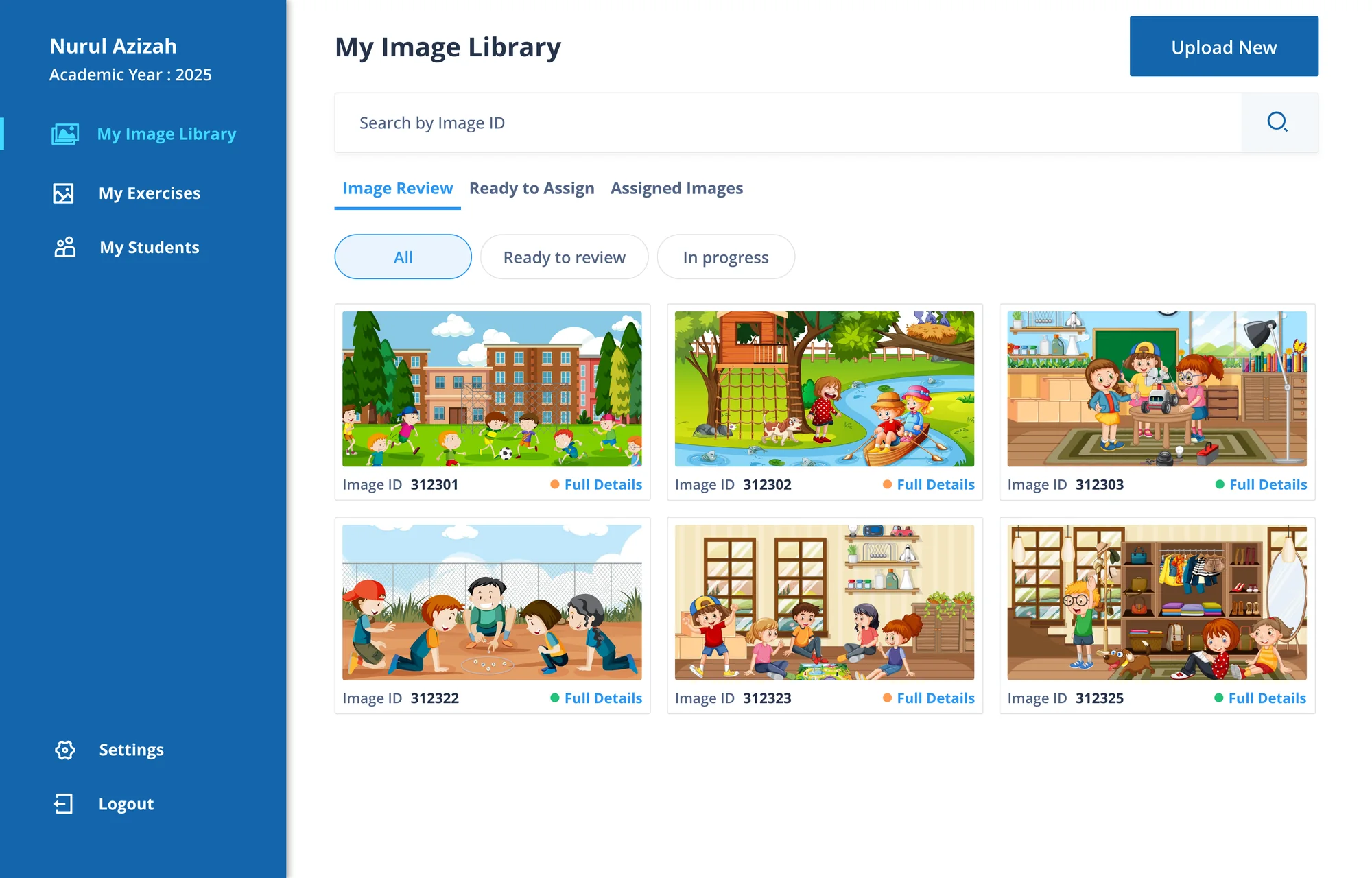High-fidelity screen 01: My Image Library: every picture with its review status, ready to assign