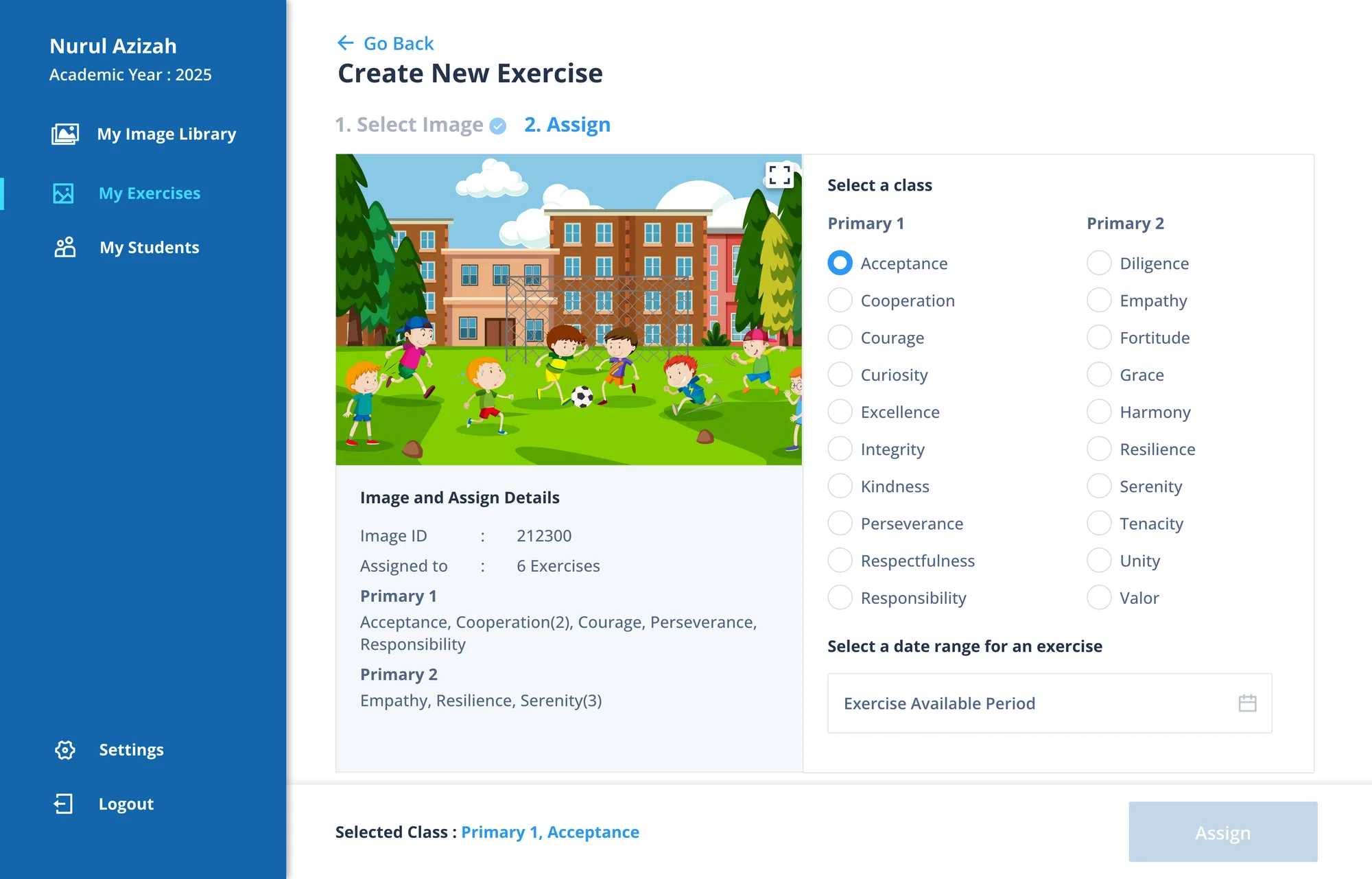 High-fidelity screen 02: Create New Exercise: pick a class and a date range, with the image's history alongside