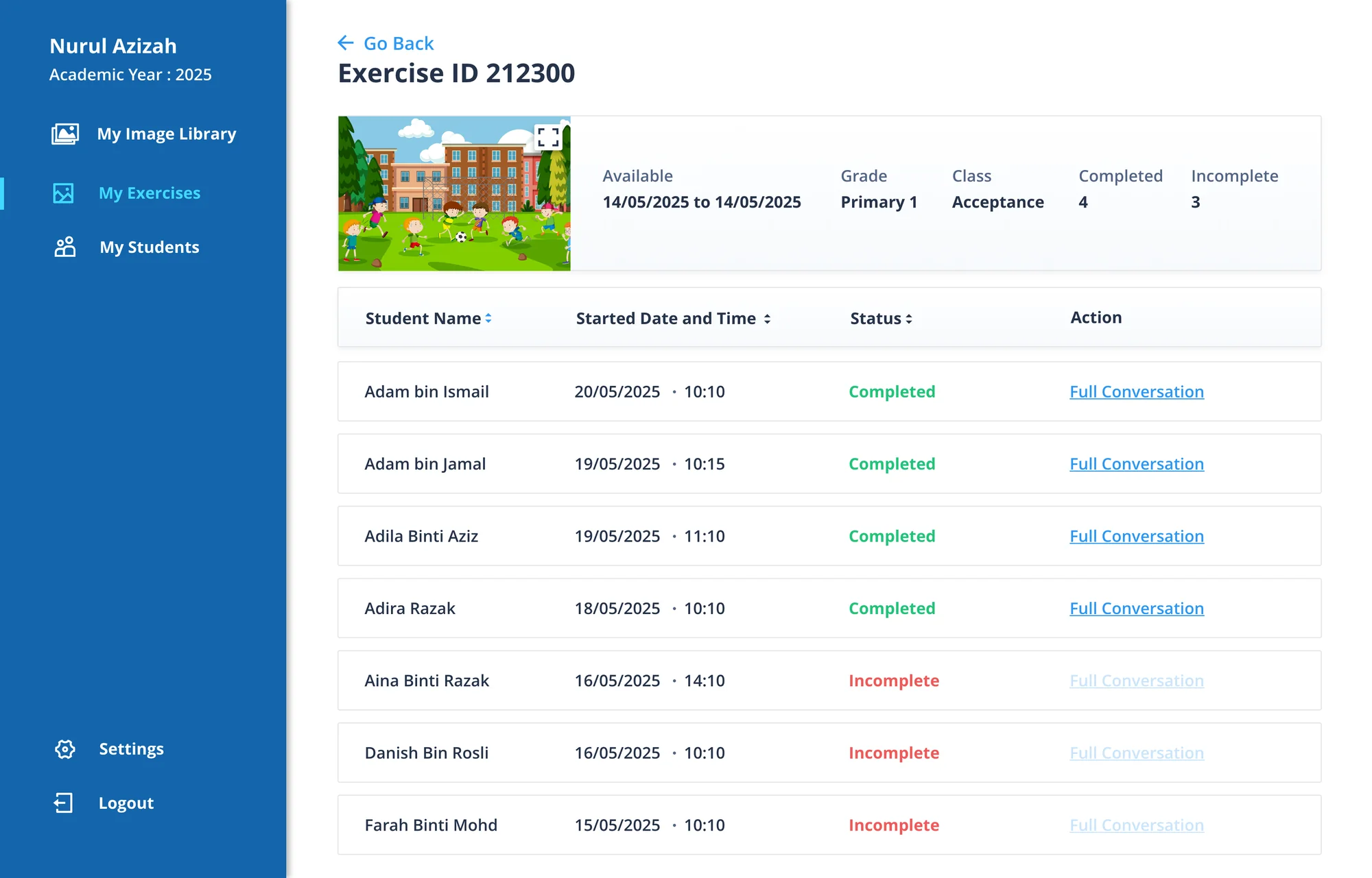 High-fidelity screen 03: Exercise details: who has completed, who has not, and each student's conversation