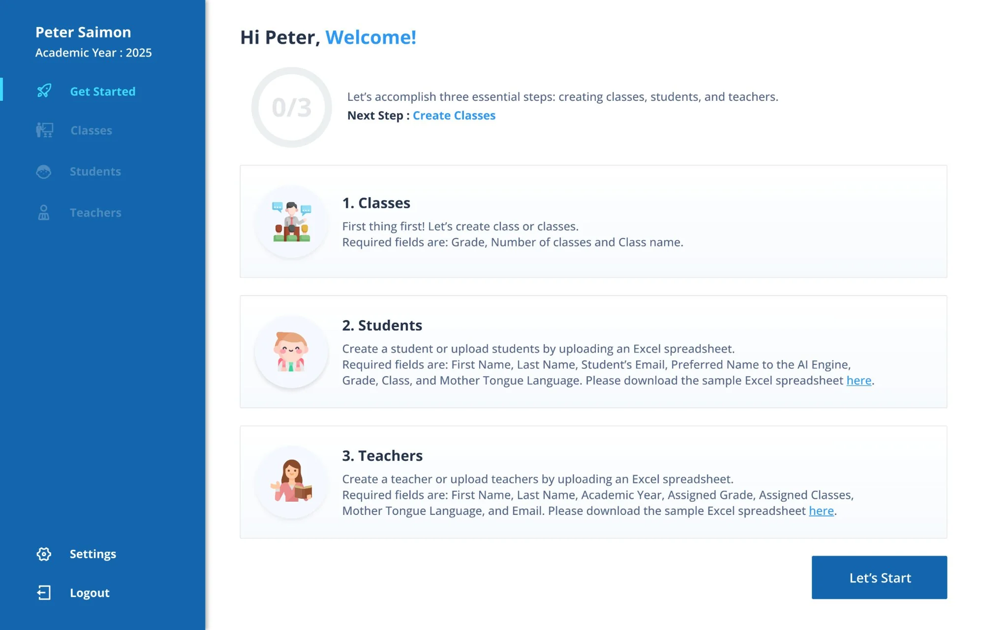 High-fidelity screen 01: Get Started: three steps &mdash; classes, students, teachers &mdash; with progress