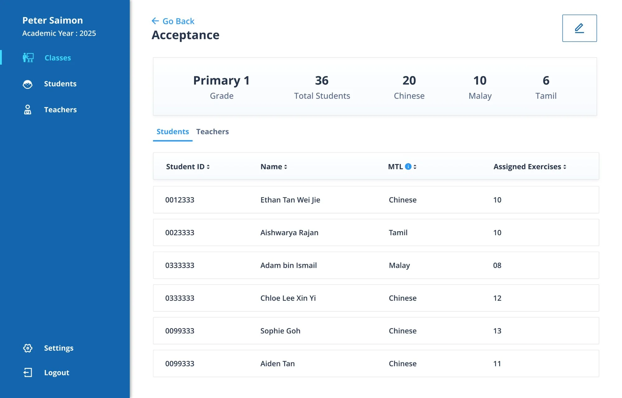 High-fidelity screen 02: A class at a glance: grade, size and MTL split, with its students and teachers