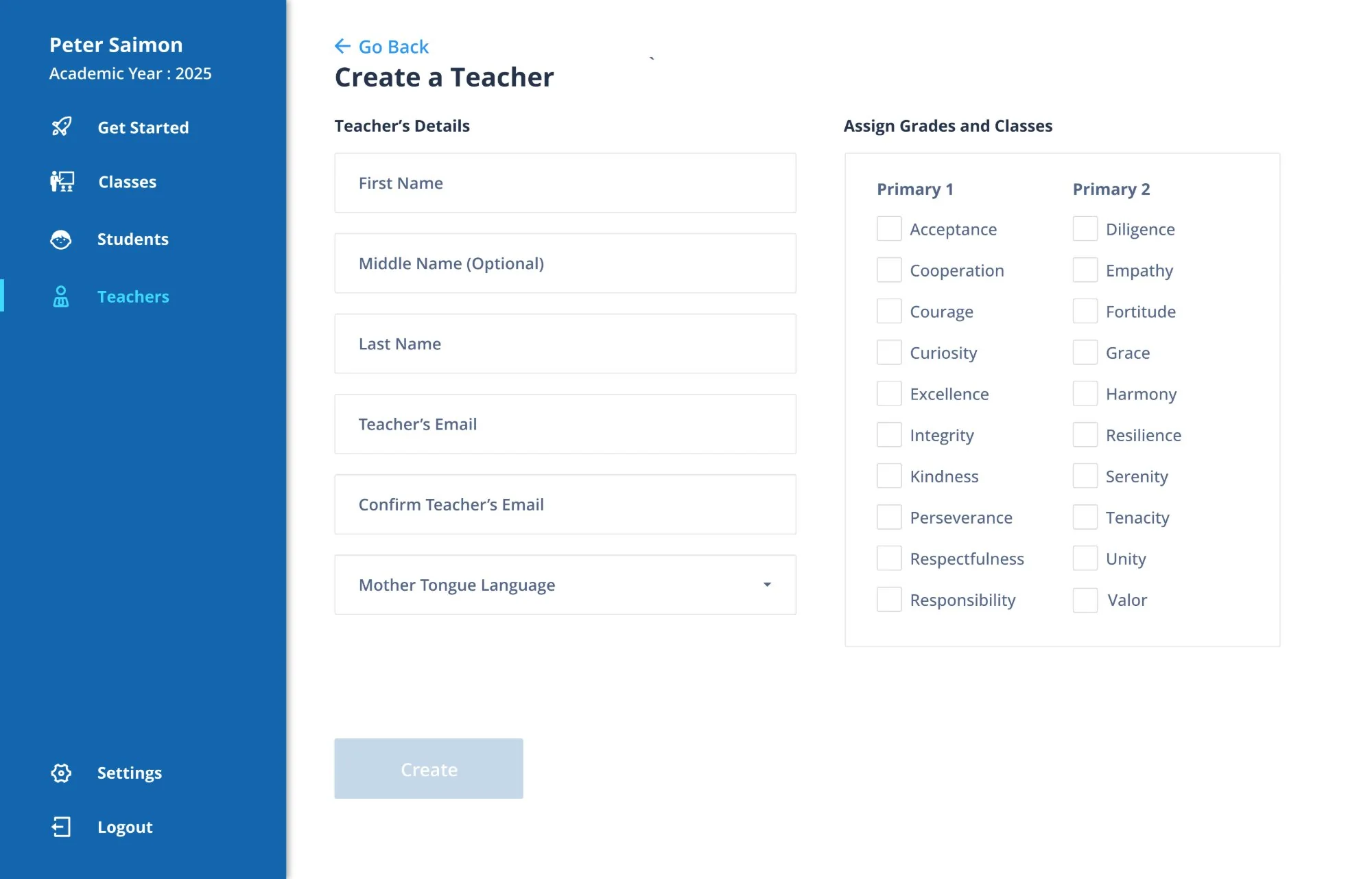 High-fidelity screen 03: Create a Teacher: details on one side, grades and classes on the other
