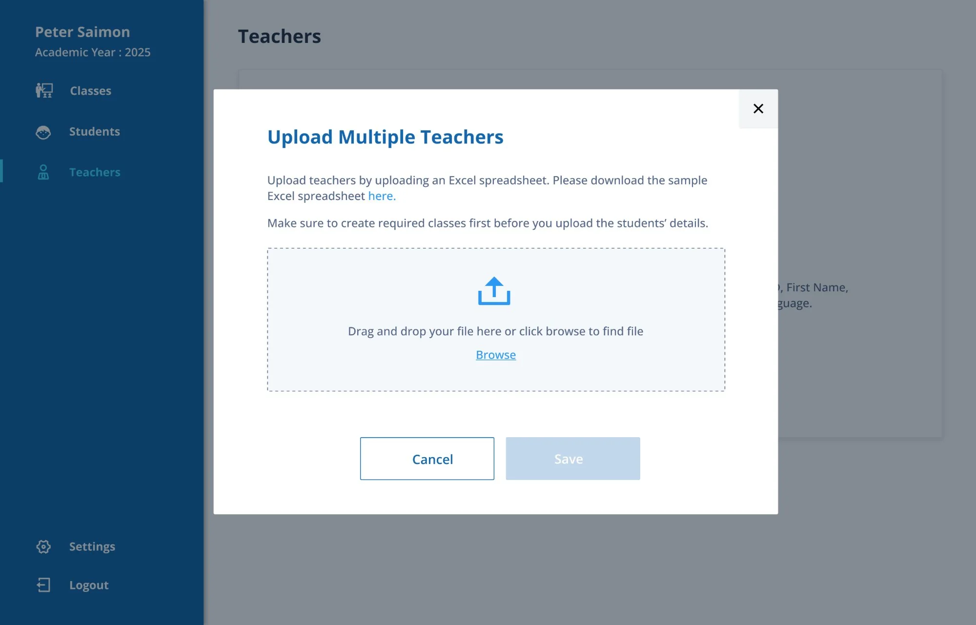 High-fidelity screen 04: Upload Multiple Teachers from a spreadsheet, with a sample to start from