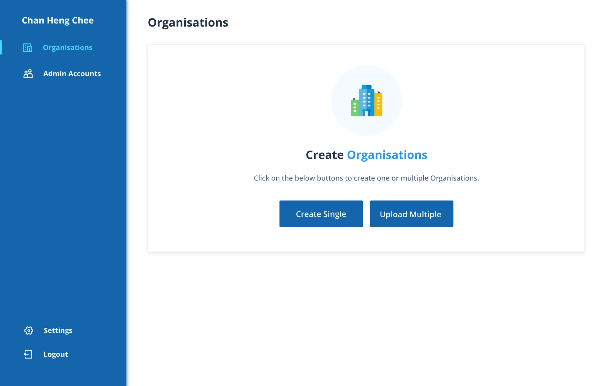 High-fidelity screen 01: Organisations, empty state: create one school, or upload many at once
