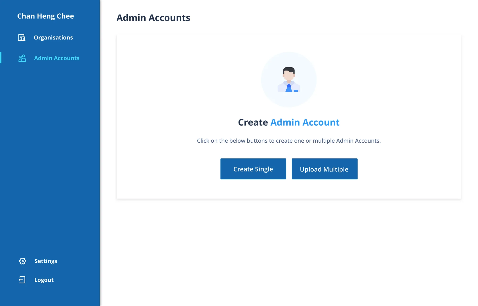 High-fidelity screen 04: Admin Accounts, empty state: the same create-single or upload-multiple choice