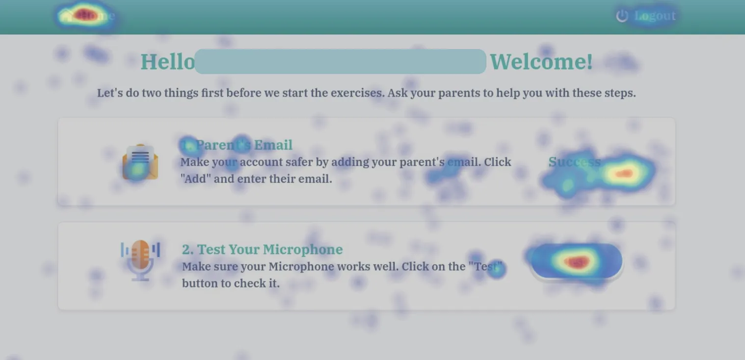 Onboarding: most taps went to Test and Add parent's email.