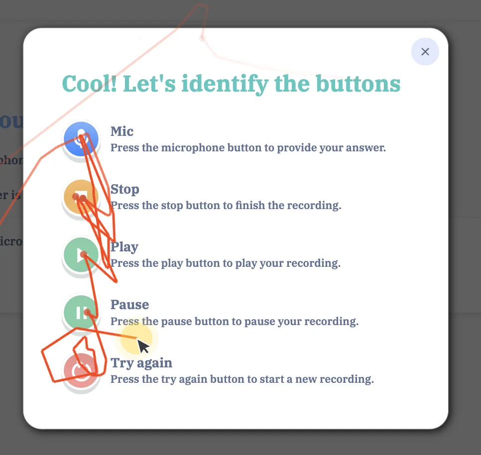 Instruction modal: with nothing to continue, students tapped every icon.