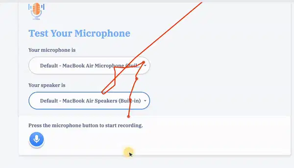 Mic check: "Yes, I hear" tapped without playing the recording.
