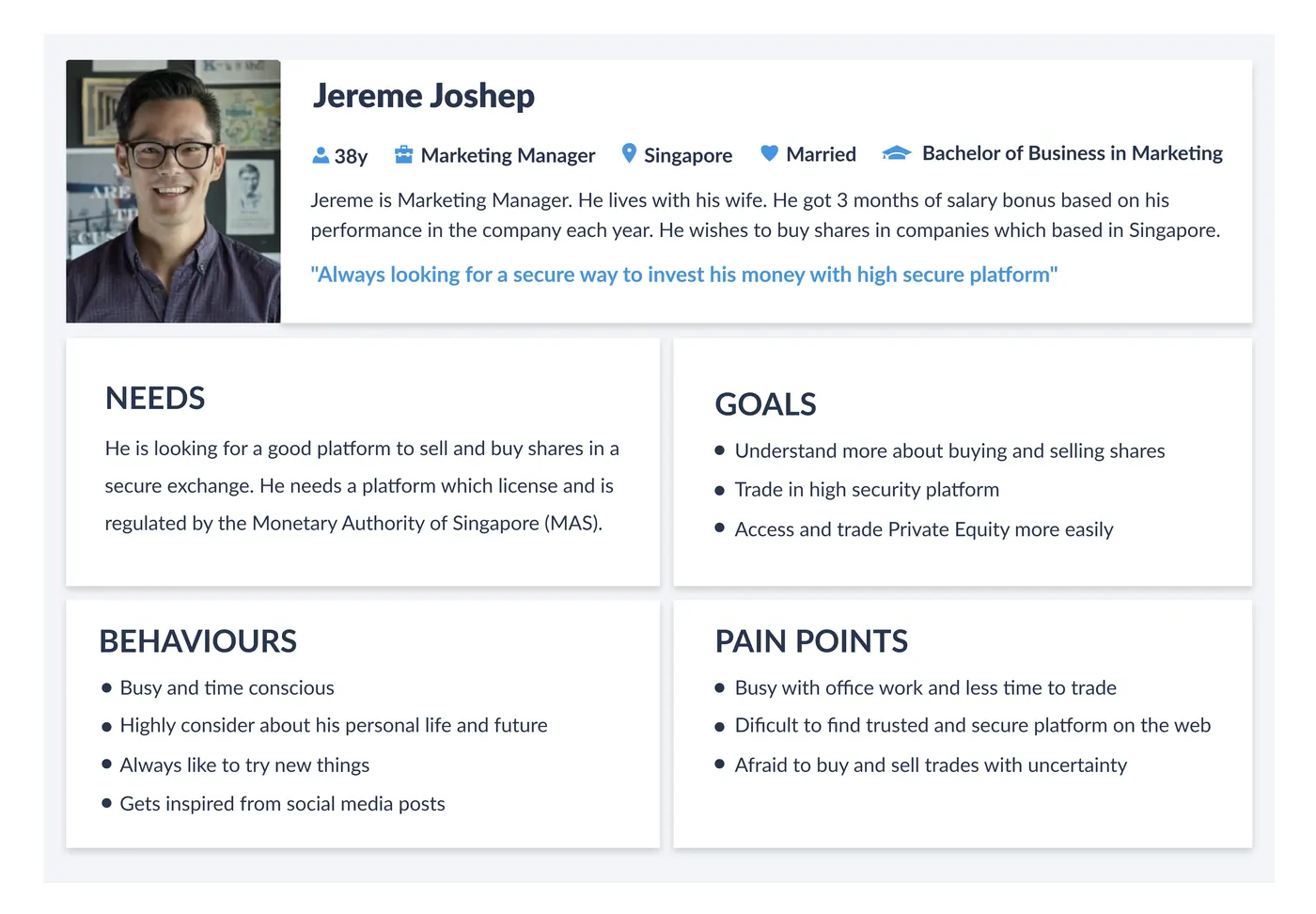 Proto-persona card for Jereme Joshep, a 38-year-old Marketing Manager based in Singapore