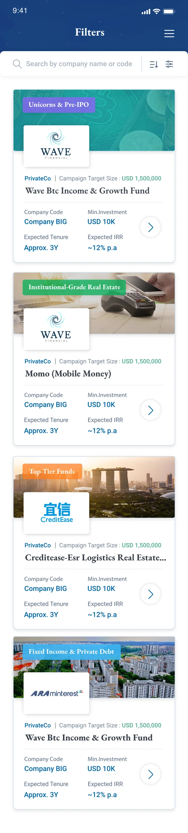 Mobile deals screen: filterable investment cards showing campaign target size, minimum investment, expected tenure and expected IRR.