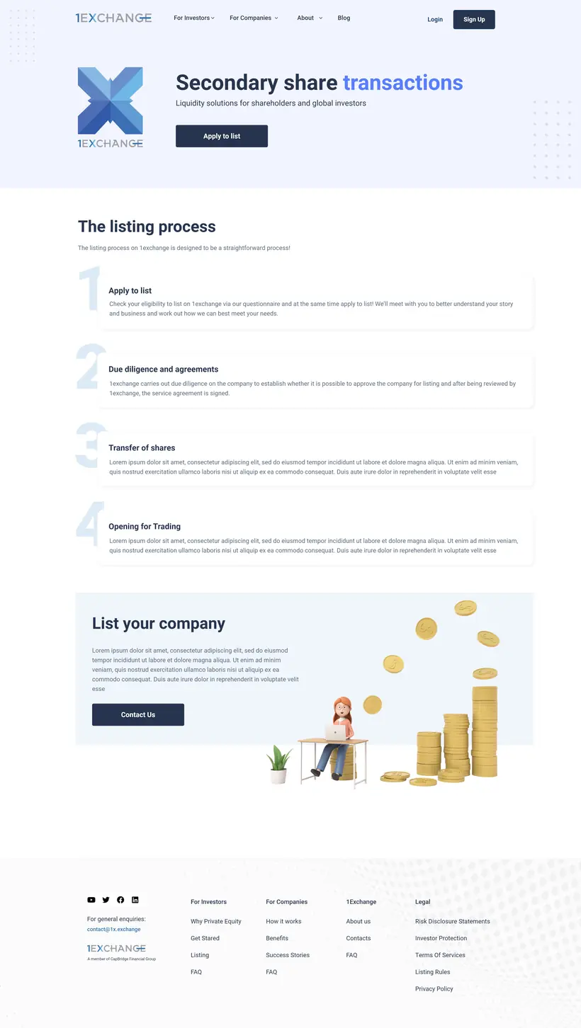 1Exchange Secondary Share Transactions page design