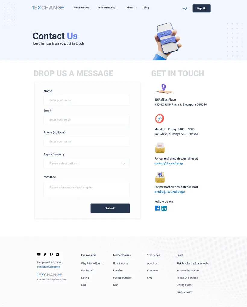 1Exchange Contact Us page design