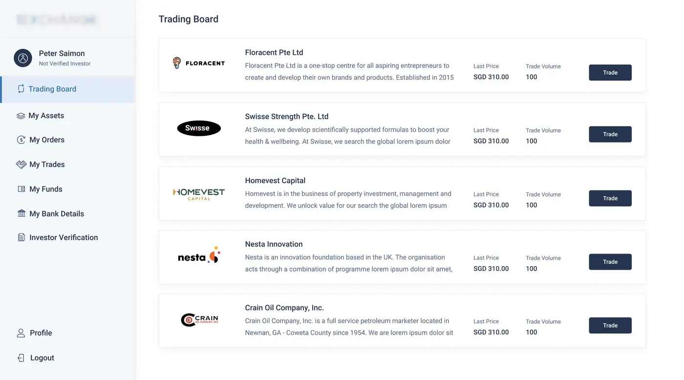 1Exchange trading board: a list of private companies with last price, trade volume and a trade action for each.
