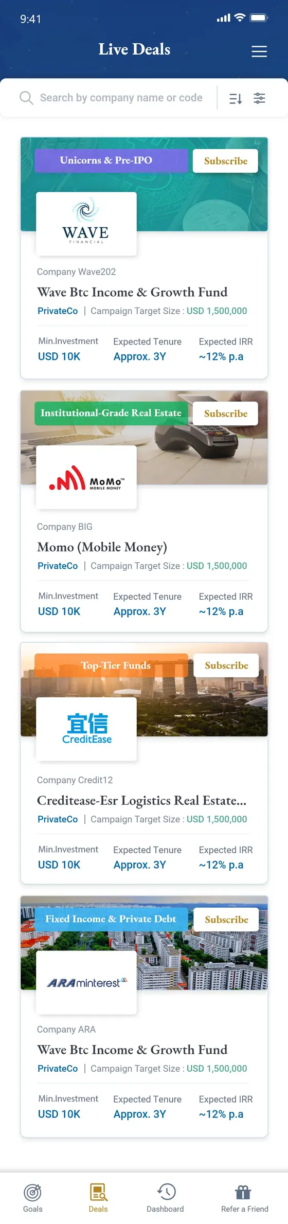 CapBridge Live Deals screen: a searchable list of private-market opportunities, each card showing the company, campaign target size, minimum investment, expected tenure and expected IRR.