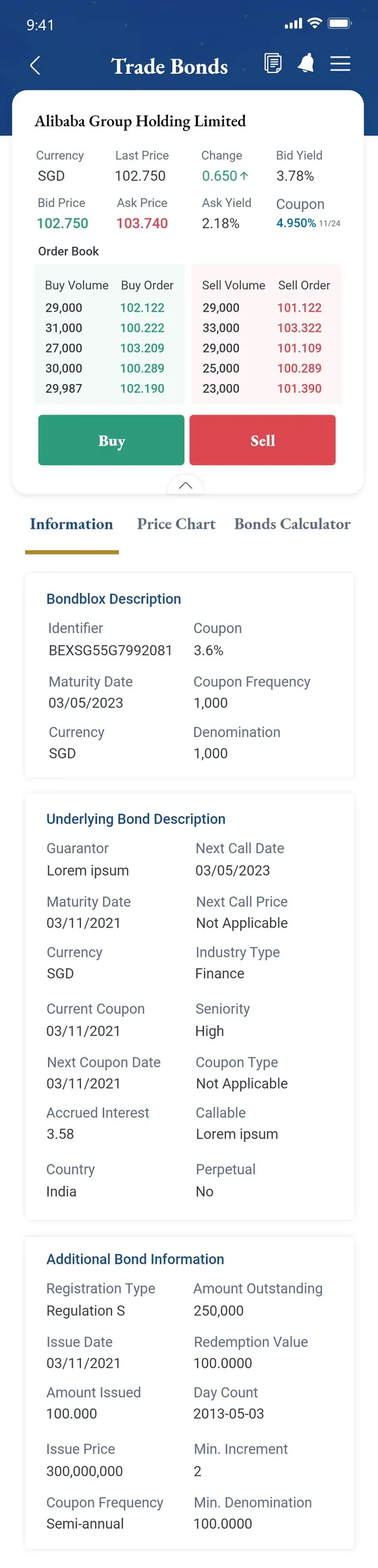 Bond detail screen for Alibaba Group Holding Limited, showing currency, last price, bid and ask prices and yields, a buy and sell order book, and tabs for information, price chart and a bonds calculator.