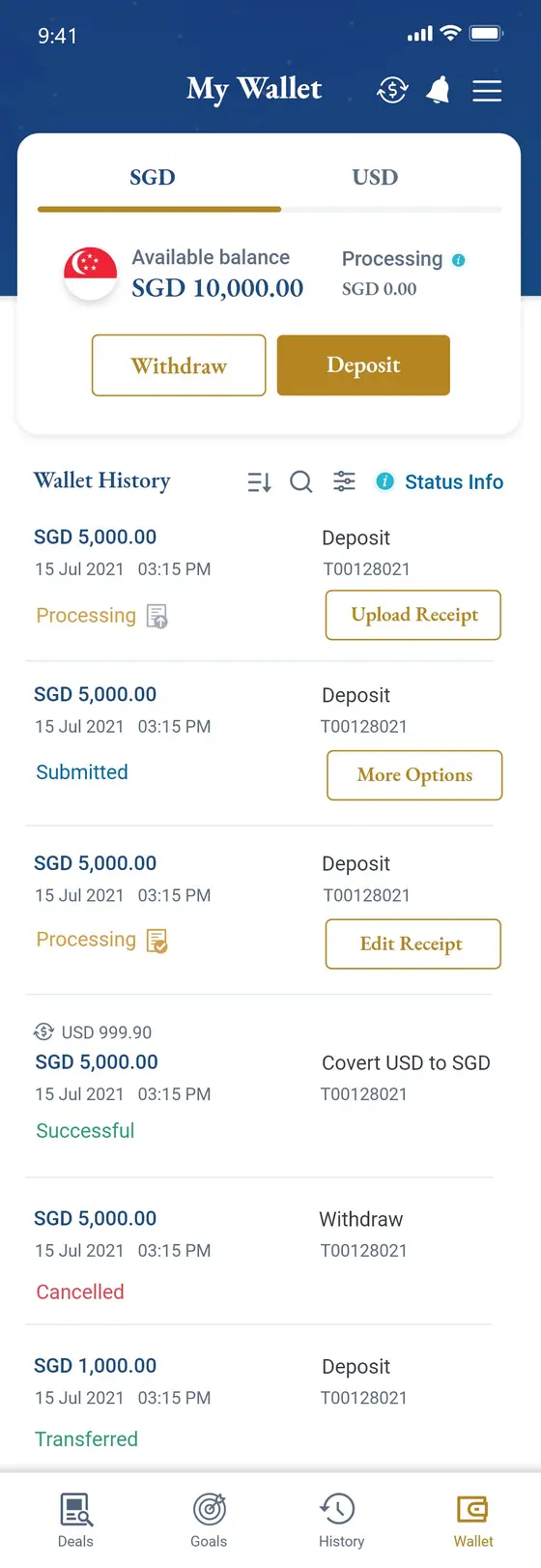 My Wallet screen with SGD and USD tabs, available balance, deposit and withdraw actions, and a wallet history of deposits, conversions and withdrawals with their statuses.