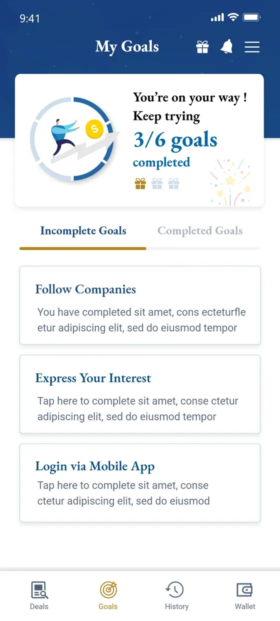 My Goals screen showing progress towards six onboarding goals with rewards, split into incomplete and completed tabs.