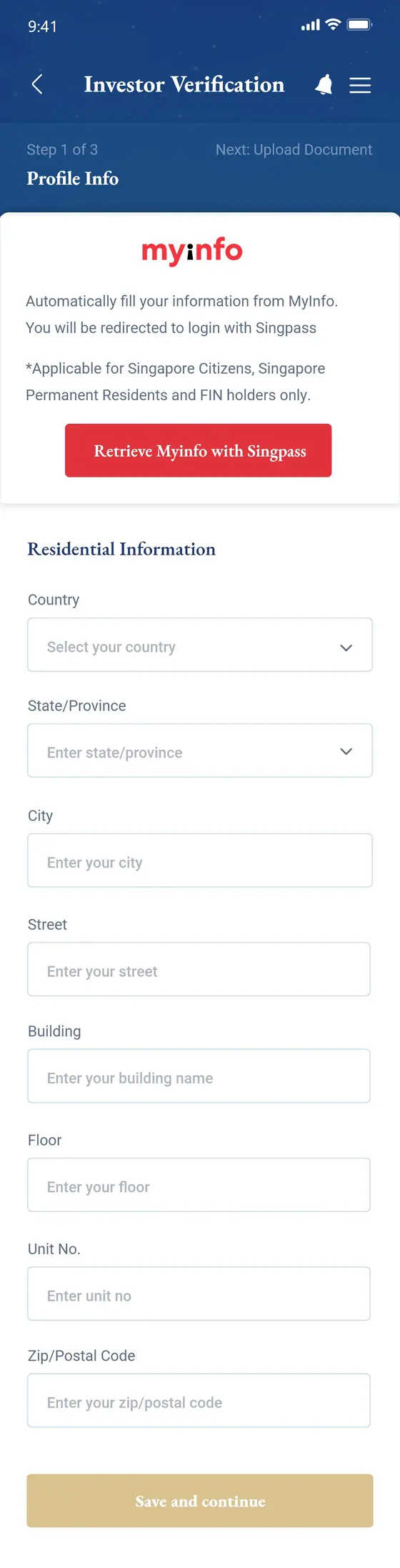Investor Verification step one: retrieve details automatically from MyInfo with Singpass, or complete residential information manually.