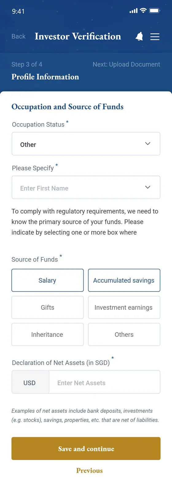 Investor Verification step three: occupation status, source of funds selected from a set of options, and a declaration of net assets.