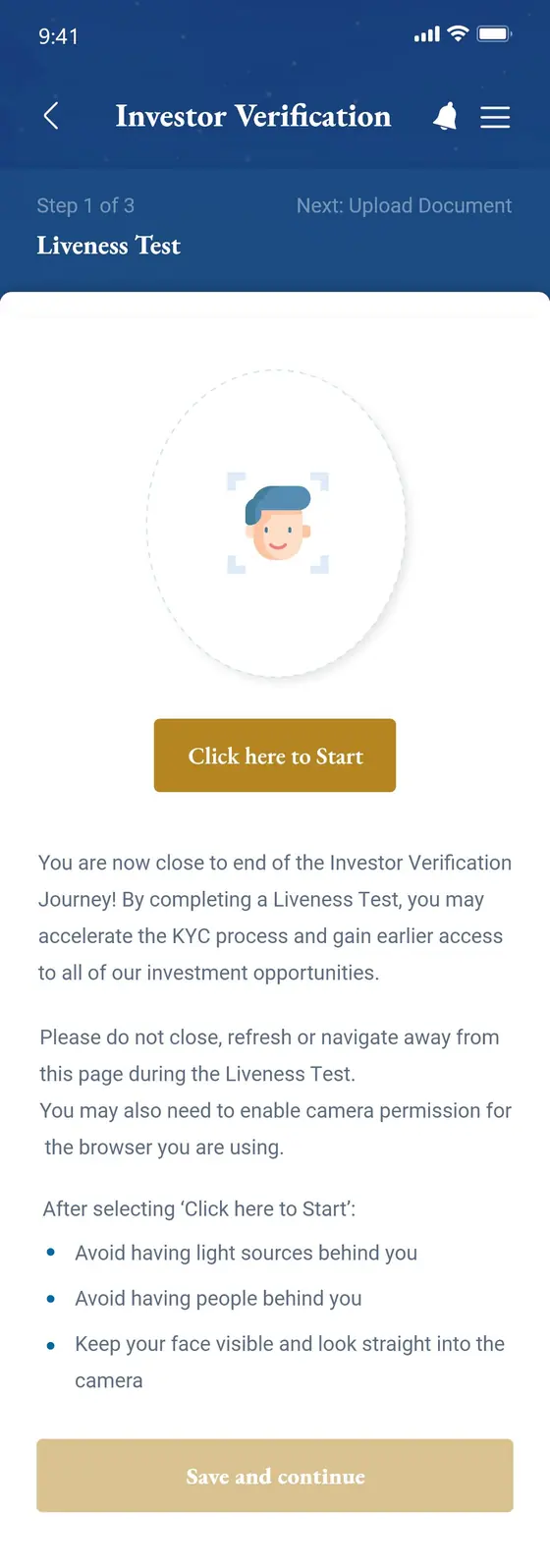 Investor Verification liveness test screen explaining how the camera check works and what to avoid before starting.