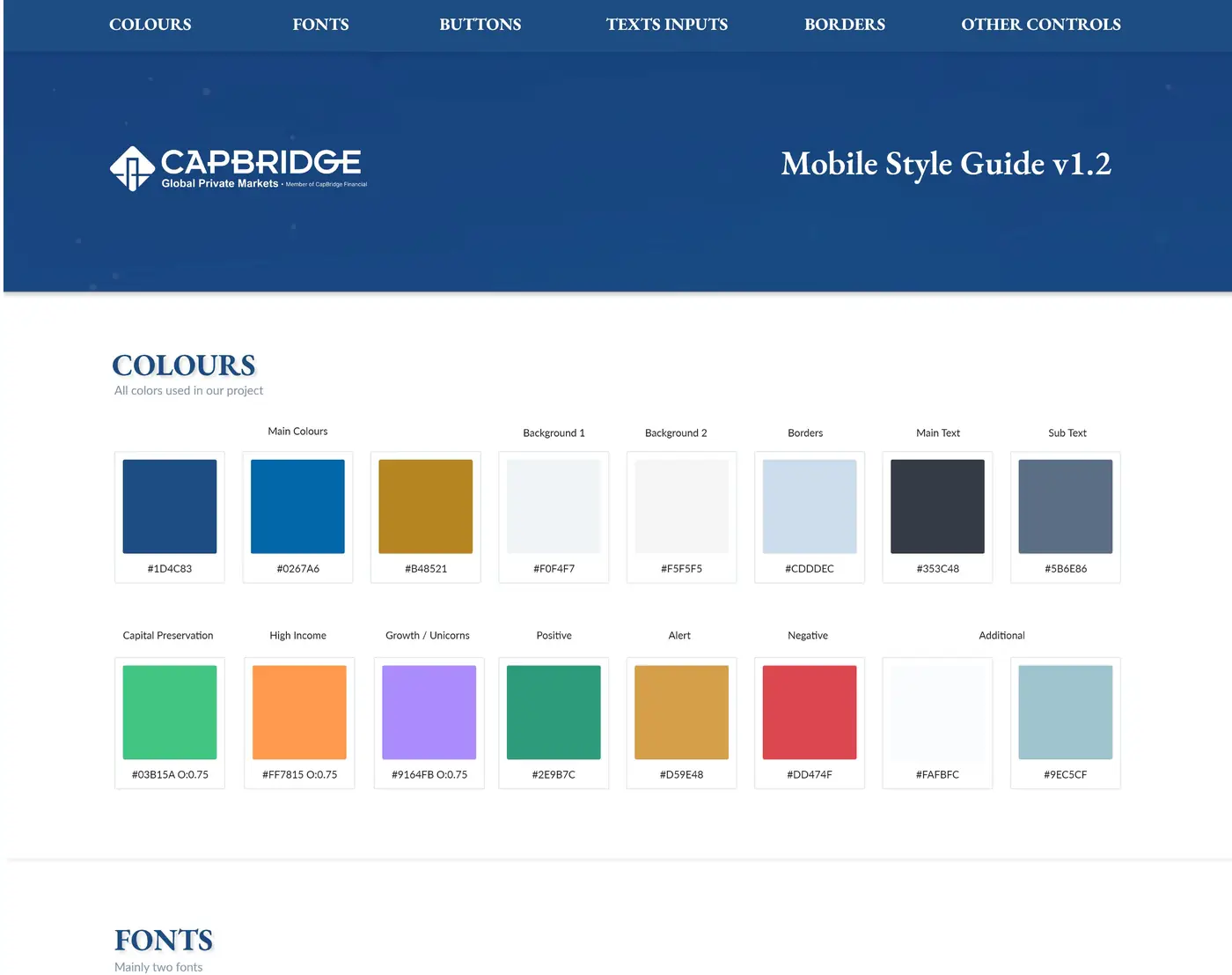 CapBridge mobile style guide, colours page: main navy, blue and gold, two background greys, border, main and sub text colours, plus category colours for capital preservation, high income, growth, positive, alert and negative states, each labelled with its hex value.