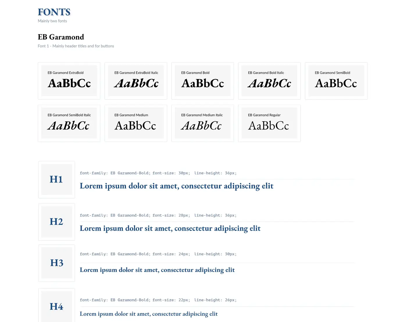 Style guide typography page for EB Garamond, showing every weight and italic and the H1 to H4 heading scale with font sizes and line heights.