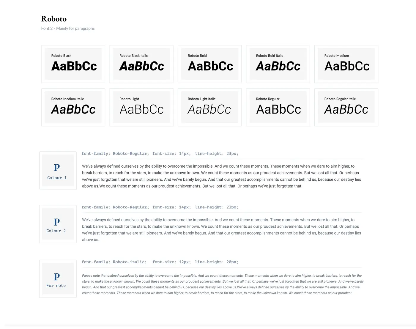 Style guide typography page for Roboto, showing every weight and italic and the paragraph and note styles with font sizes and line heights.
