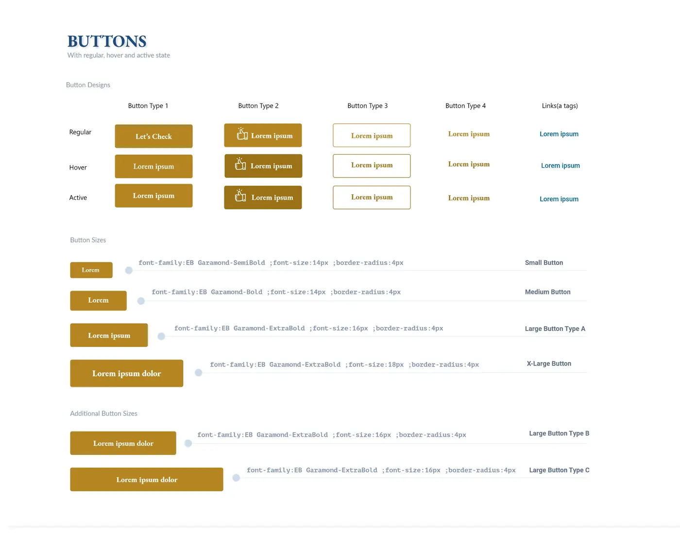 Style guide buttons page: four button types plus links, each in regular, hover and active states, and six button sizes with their font and radius specifications.
