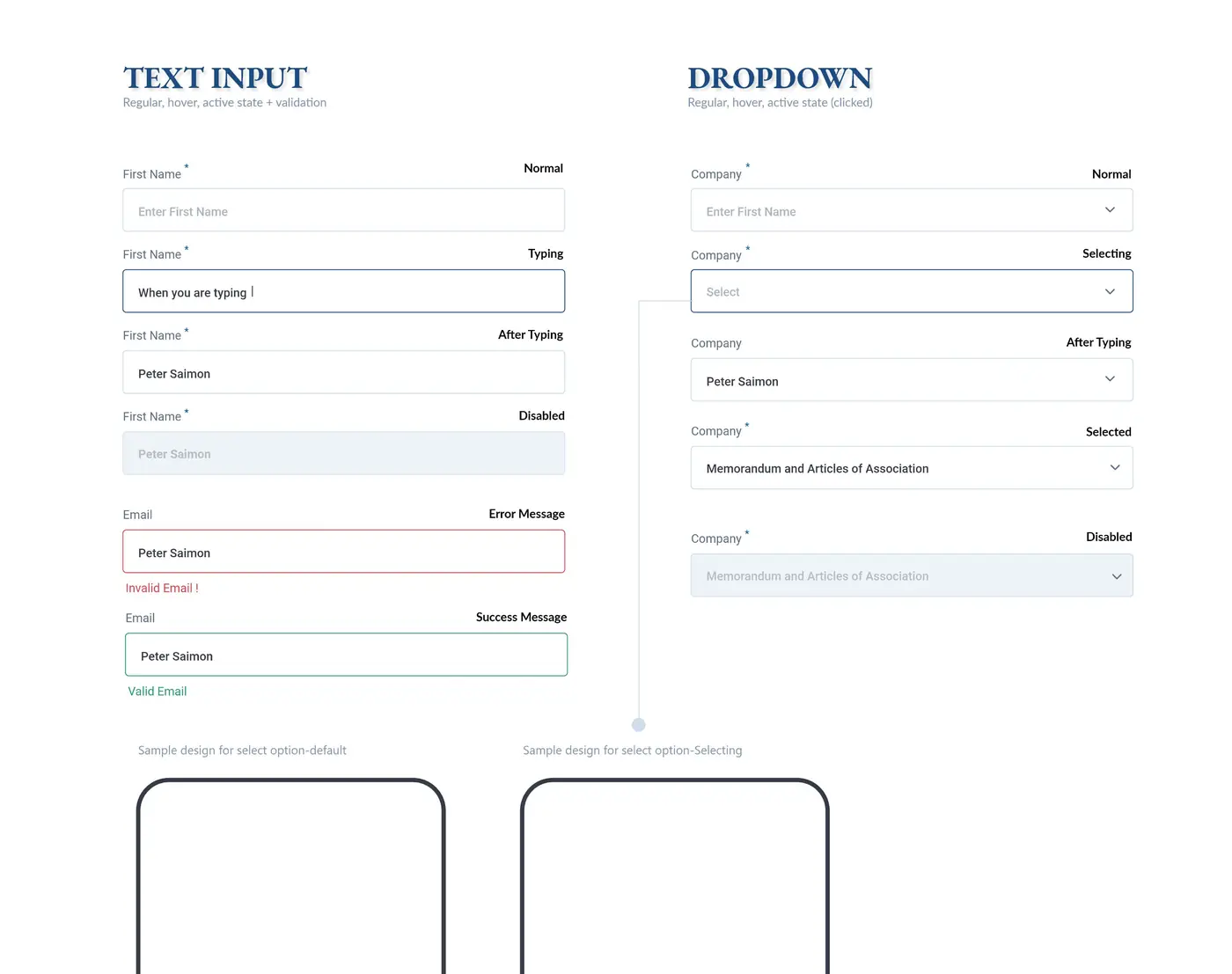 Style guide form elements page: text inputs in normal, typing, filled, disabled, error and success states, and dropdowns in normal, selecting, filled, selected and disabled states.